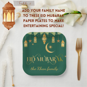 Plato De Papel Personalizado "Eid Mubarak" Linternas de Oro Verde