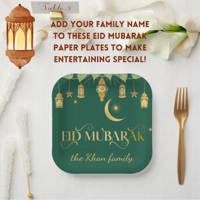 Plato De Papel Personalizado "Eid Mubarak" Linternas de Oro Verde (Make Eid extra special with these festive, elegant green + gold "Eid Mubarak" family name plates!)