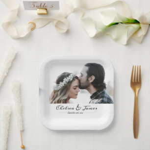 Plato De Papel Personalizado Elegant Photo Calligraphy Boda Nombr