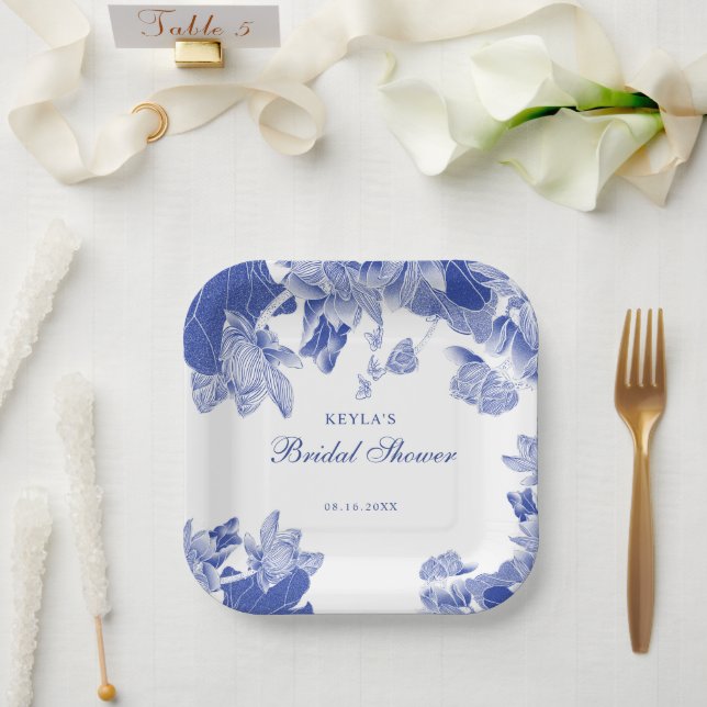 Plato De Papel Personalizado Elegante Blue White Floral Chinoiser (Boda)