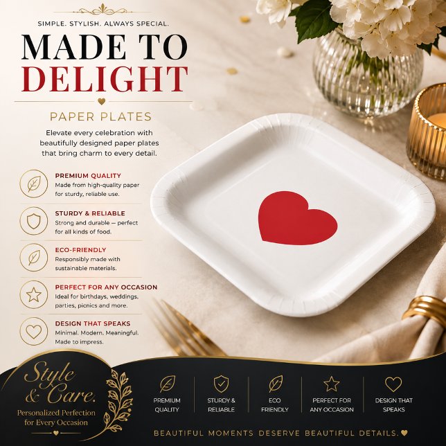 Plato de papel personalizado Elegante Corazón Rojo (Elegant Red Heart 7 Sqr Personalized Paper Plate)