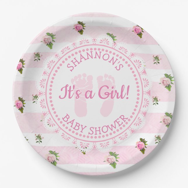 Plato De Papel Personalizado es una placa Baby Shower rosa Chica (Anverso)