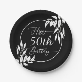 Plato De Papel Personalizado Feliz 50 cumpleaños Botánico Blanco 