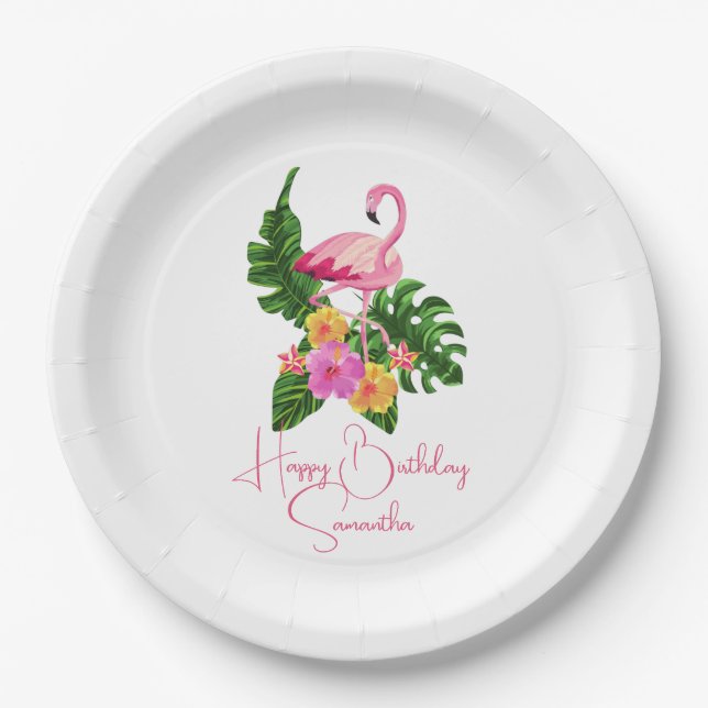 Plato De Papel Personalizado Feliz cumpleaños Fiesta Flamingos tr (Anverso)