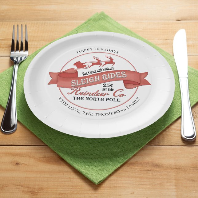 Plato De Papel Personalizado Fiesta de Navidades rojos y blancos (Christmas custom paper plate with Santa Reindeer Sleigh ride typography sign. )