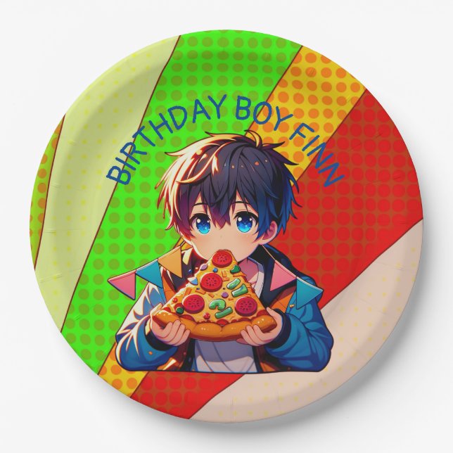 Plato De Papel Personalizado Fiesta de pizza de Anime Boy (Anverso)