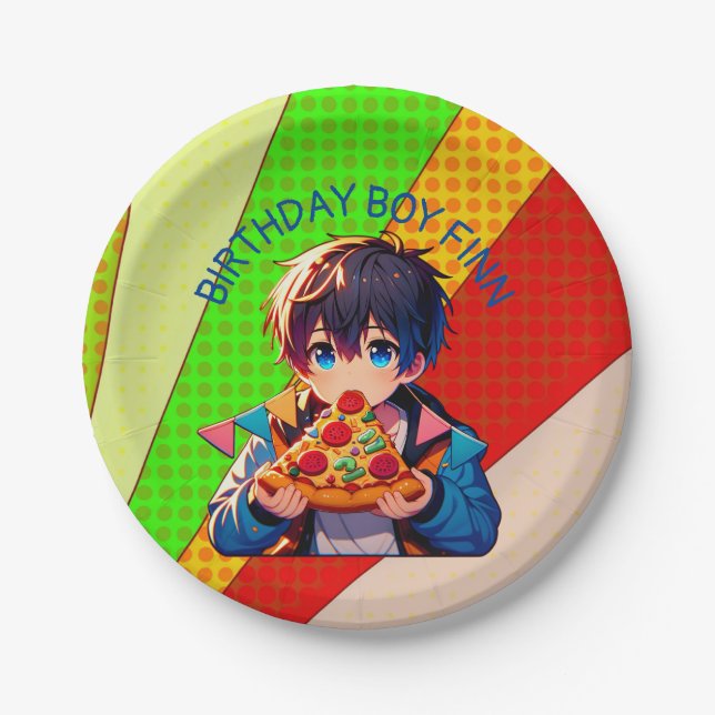 Plato De Papel Personalizado Fiesta de pizza de Anime Boy (Anverso)
