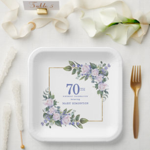Plato De Papel Personalizado Floral Azul Rosa Blanca 70 cumpleaño