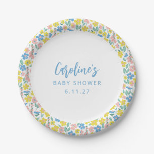 Plato De Papel Personalizado Floral Boho Blue Yellow Ditsy Baby S