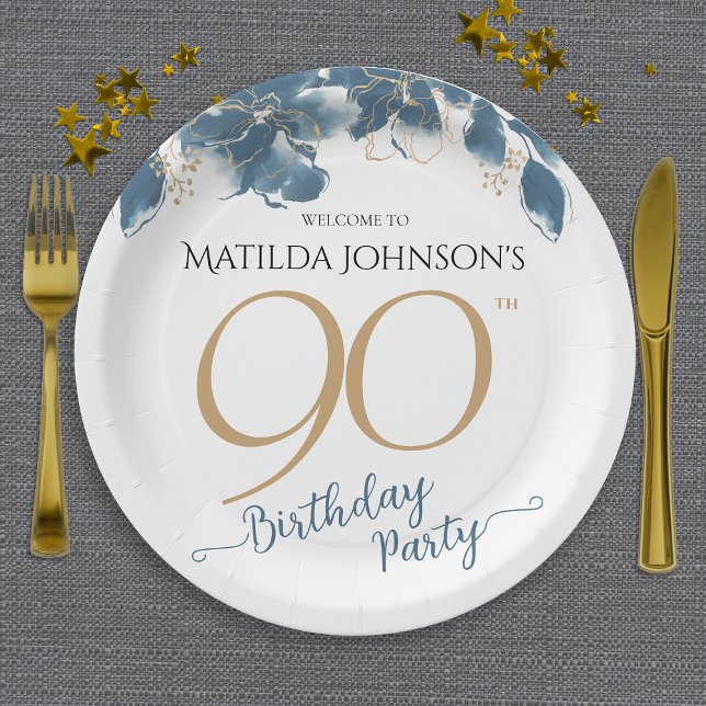 Plato De Papel Personalizado Floral de Oro Azul 90 cumpleaños (Blue Gold Floral Custom 90th Birthday Party Paper Plates)