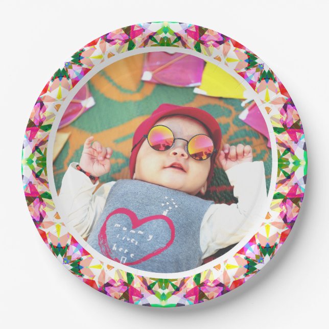 Plato De Papel Personalizado foto diversión rosa Feliz Día de la  (Anverso)