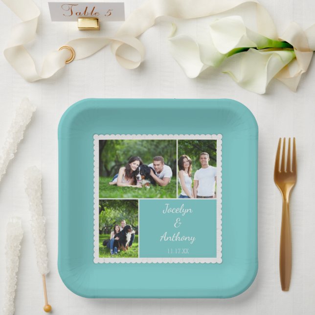Plato De Papel Personalizado Foto Verde azulada Boda azul y blanc (Boda)