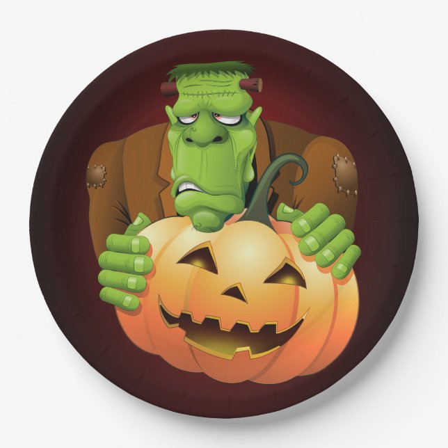 Plato De Papel Personalizado Frankenstein con Calabaza (Anverso)