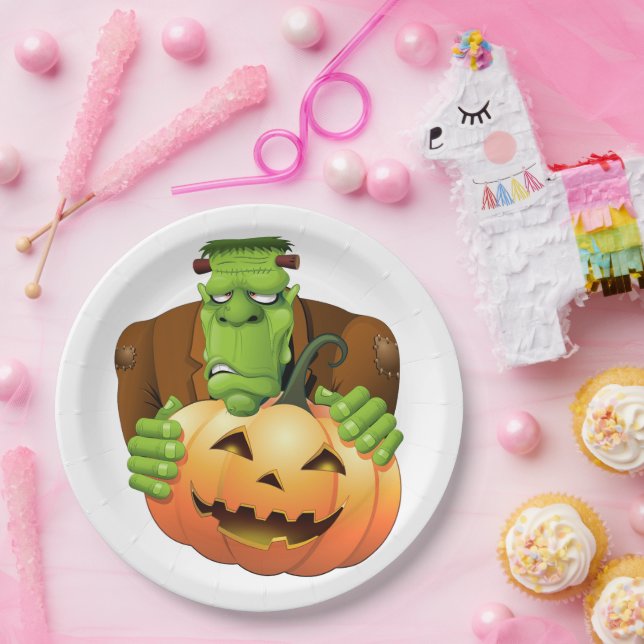 Plato De Papel Personalizado Frankenstein con Calabaza (Fiesta)