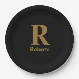 Plato De Papel Personalizado Gold Inicial/Nombre/Familia En Negro