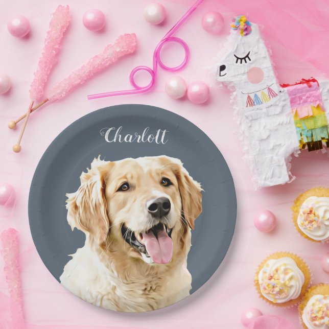 Plato De Papel Personalizado Golden Retriever Dog Personalizado D (Fiesta)