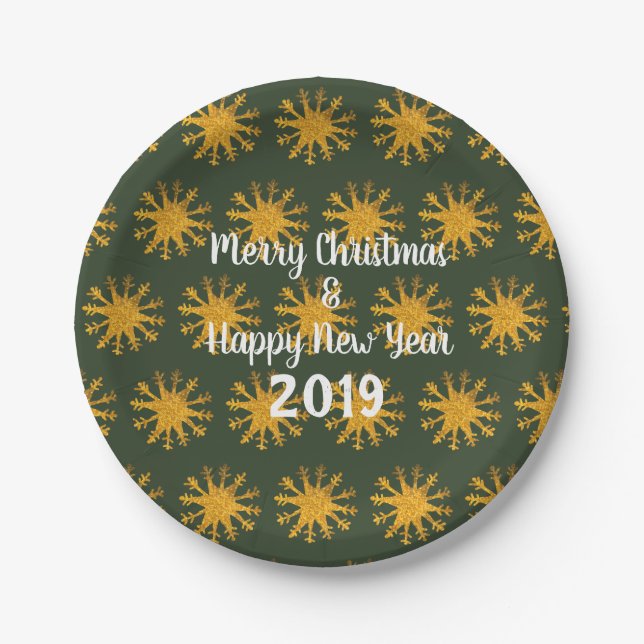 Plato De Papel Personalizado Golden Snowflakes (Anverso)
