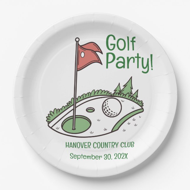 Plato De Papel Personalizado Golf Fiesta Plate Ubicación, Fecha (Anverso)