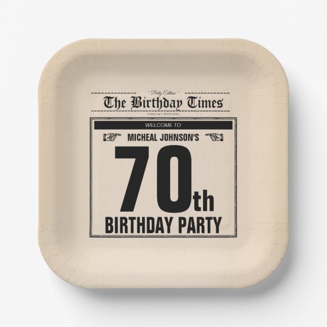 Plato De Papel Personalizado gracioso de periódico de 70 años de  (Anverso)