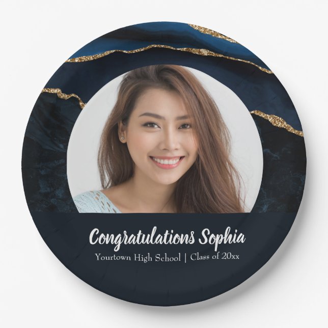 Plato De Papel Personalizado Graduación Foto Marble Agate Azul (Anverso)