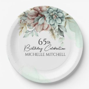 Plato De Papel Personalizado Green Floral Vintage 65th Birthday