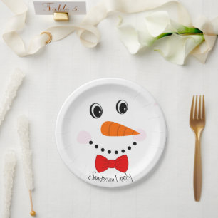 Plato De Papel Personalizado Happy Face Snowman Red Bowtie