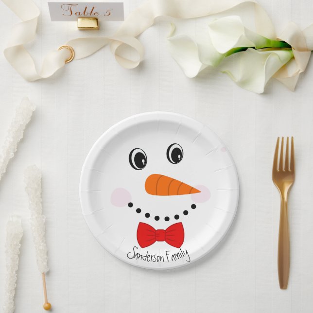 Plato De Papel Personalizado Happy Face Snowman Red Bowtie (Boda)