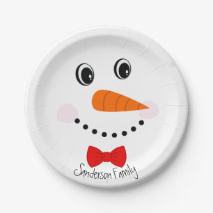 Plato De Papel Personalizado Happy Face Snowman Red Bowtie