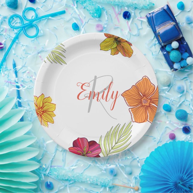 Plato De Papel Personalizado Hawaiian Aloha Floral (Fiesta)