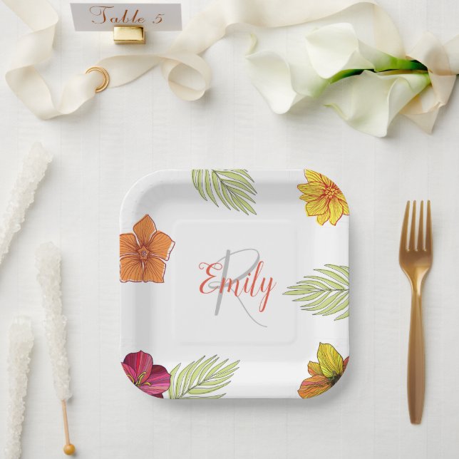 Plato De Papel Personalizado Hawaiian Aloha Floral (Boda)