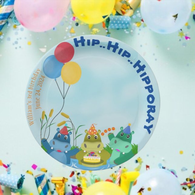 Plato De Papel Personalizado Hippo celebrando cumpleaños en el rí (Subido por el creador)