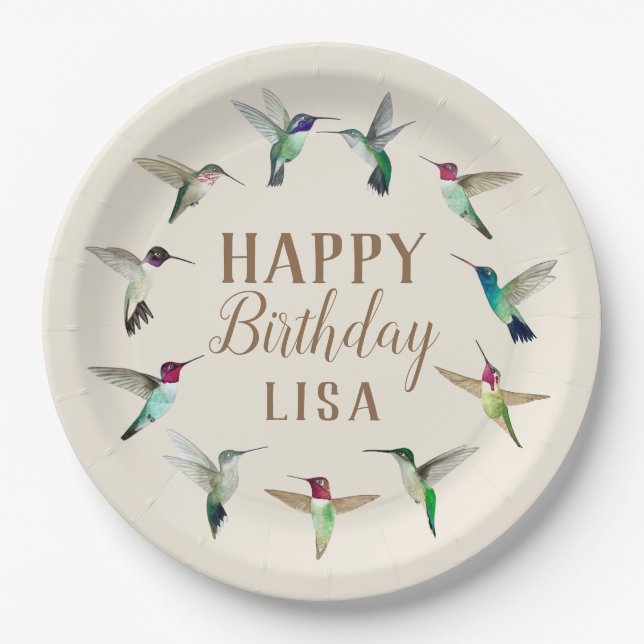Plato De Papel Personalizado Hummingbirds Happy Birday Paper Plac (Anverso)
