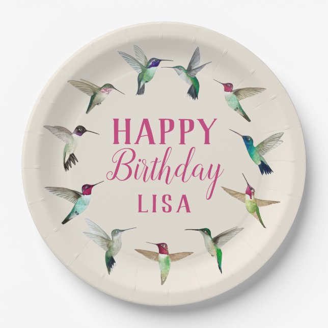 Plato De Papel Personalizado Hummingbirds Happy Birday Paper Plac (Anverso)