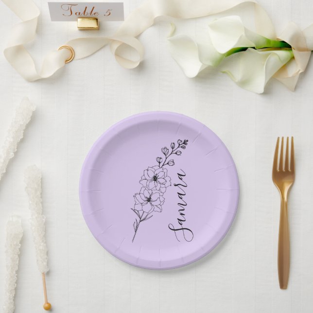 Plato De Papel Personalizado Julio Delphinium Birth Flower Gift p (Boda)