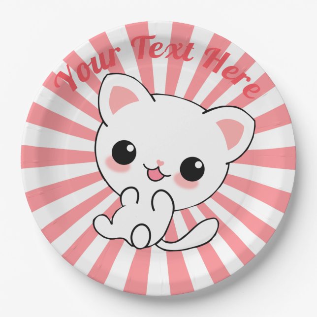 Plato De Papel Personalizado Kawaii White Kitten (Anverso)