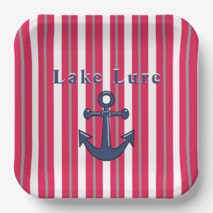 Plato De Papel Personalizado Lago o Playa Rojo Blanco Rayado