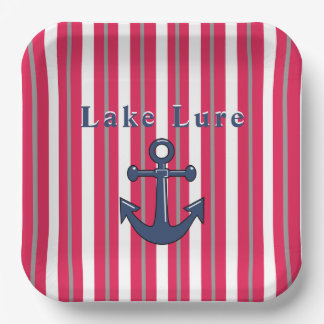 Plato De Papel Personalizado Lago o Playa Rojo Blanco Rayado
