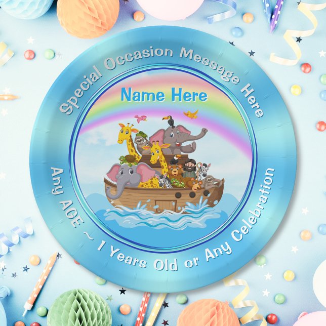 Plato De Papel PERSONALIZADO, las placas de papel arca de Noé. 3  (Noah's Ark paper plates. Christian kids birthday party. Noah's ark decorations. Noahs Ark Plates.)