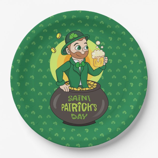 Plato De Papel Personalizado leprechaun en una olla de oro sosten (Anverso)
