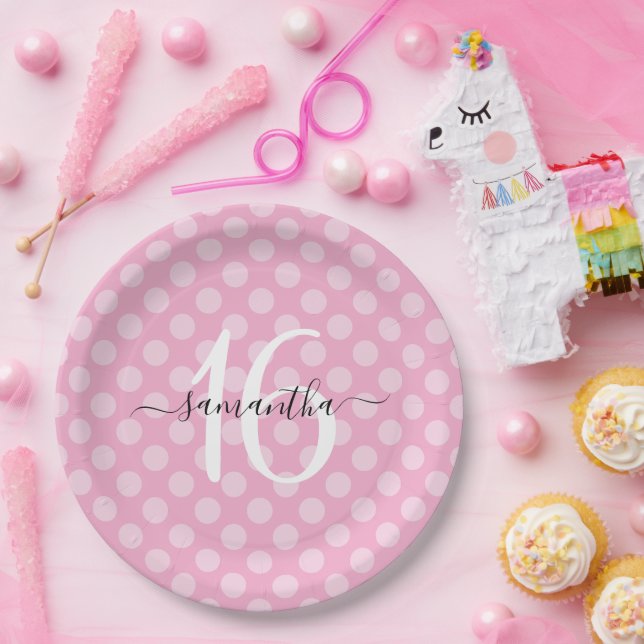 Plato De Papel Personalizado Light Pink Lunares Dulces 16 (Fiesta)