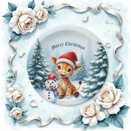 Plato De Papel Personalizado lindo Giraffe con Santa Hat y Snowma