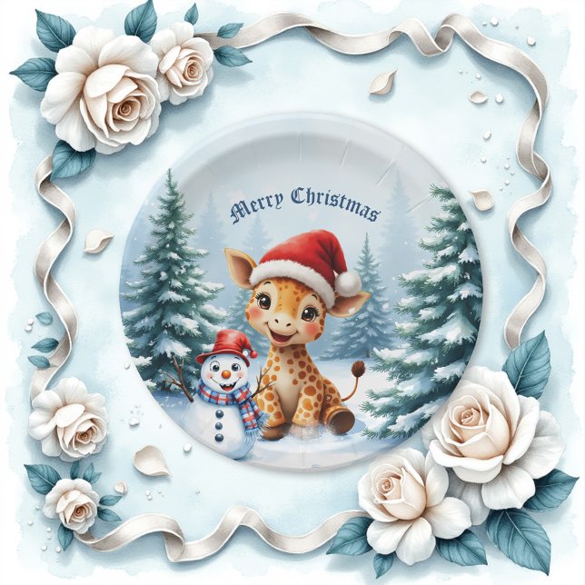 Plato De Papel Personalizado lindo Giraffe con Santa Hat y Snowma (Subido por el creador)