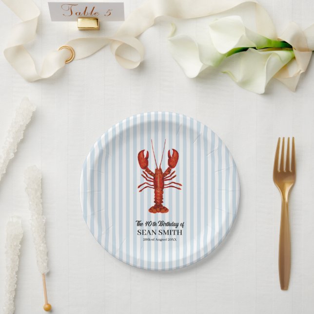 Plato De Papel Personalizado Lobster Boil Banda Azul Náutica (Boda)