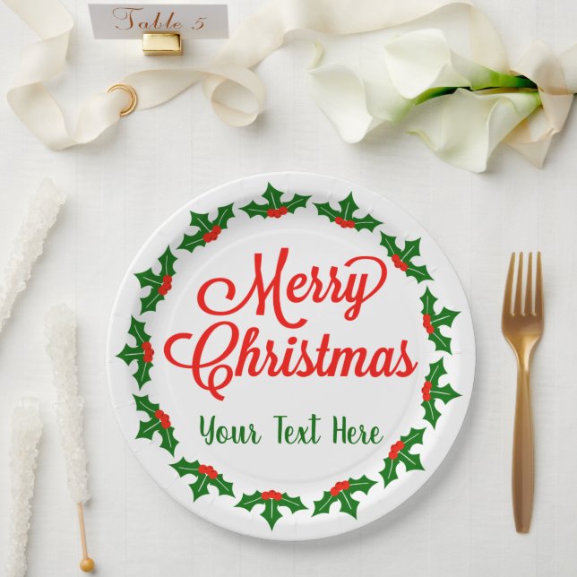 Plato De Papel Personalizado Merry Christmas Holly Berry (Boda)