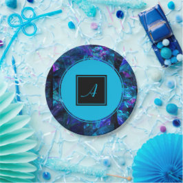 Plato De Papel Personalizado Monograma Azul Negro Resumen Cumplea