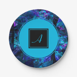 Plato De Papel Personalizado Monograma Azul Negro Resumen Cumplea