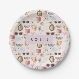 Plato De Papel Personalizado Monograma Coquette Cute chica Rosa F