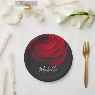 Plato De Papel Personalizado monograma rojo rosa vintage fotograf