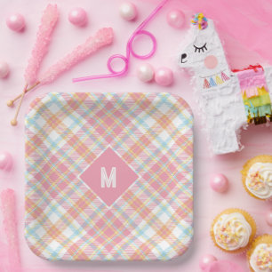 Plato De Papel Personalizado Monograma Tapado / Patrón Tartán