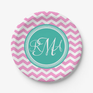 Plato De Papel Personalizado Monogramado Rosa y Verde azulado Che